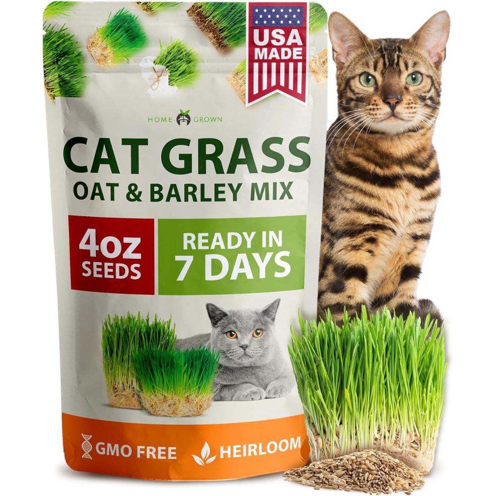 imageHOME GROWN Cat Grass Seeds 4 oz Oat ampamp Barley Mix  Indoor Cat Grass Refill Kit  Digestive Green Grass for Pets  Heirloom Seeds for CatsHealth ampamp Wellness