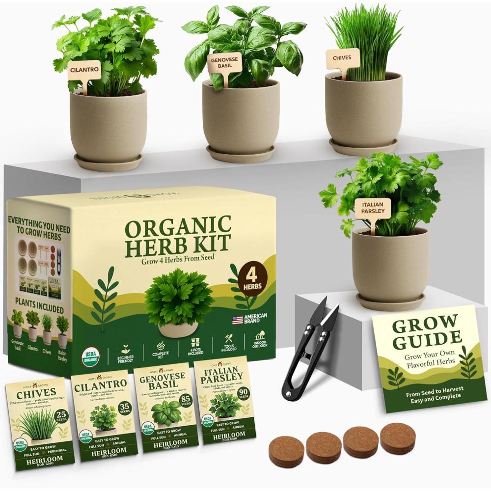 imageHOME GROWN Herb Garden Planter Indoor Kit  Unique Christmas Gift for Adults Men ampamp Women  Grow 4 Heirloom Herb Seeds on Kitchen Window  Beginner DIY Craft ampamp Hobby Gardening Gift for Plant LoversStarter Organic Grow Herb Kit