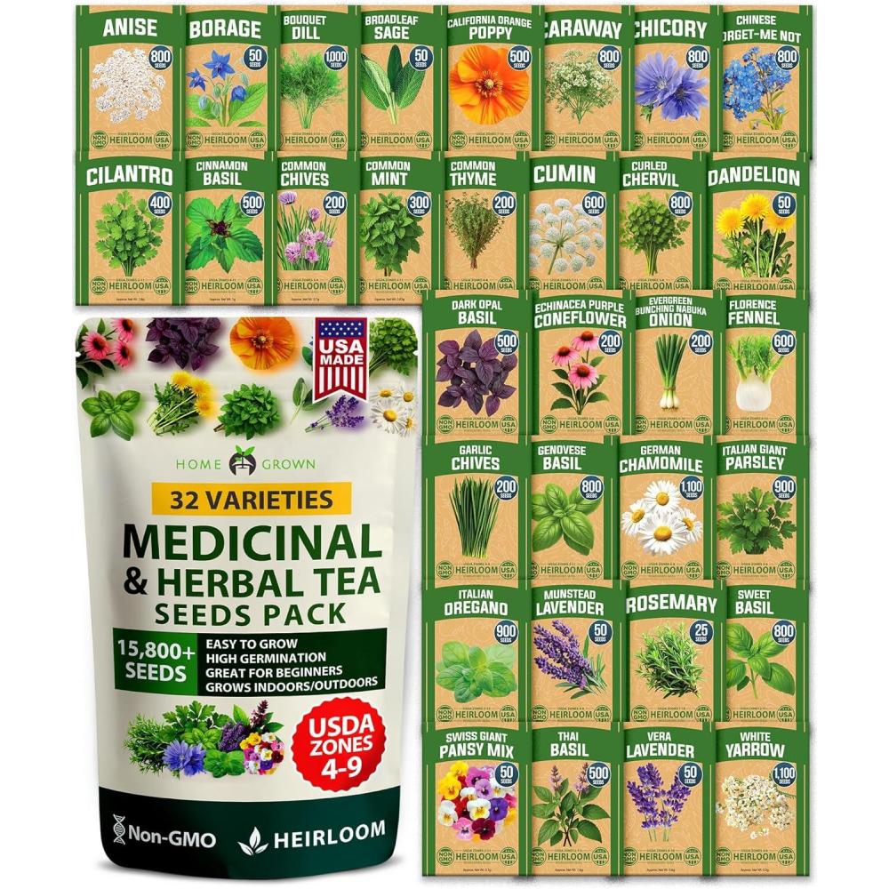 imageHOME GROWN Herb Seeds 32 Medicinal Herbs and Tea Variety Pack  Annual ampamp Perennial Herb Seeds for Planting Indoors ampamp Outdoor  NonGMO Heirloom Seeds Easy to Grow High Germination Garden Kit