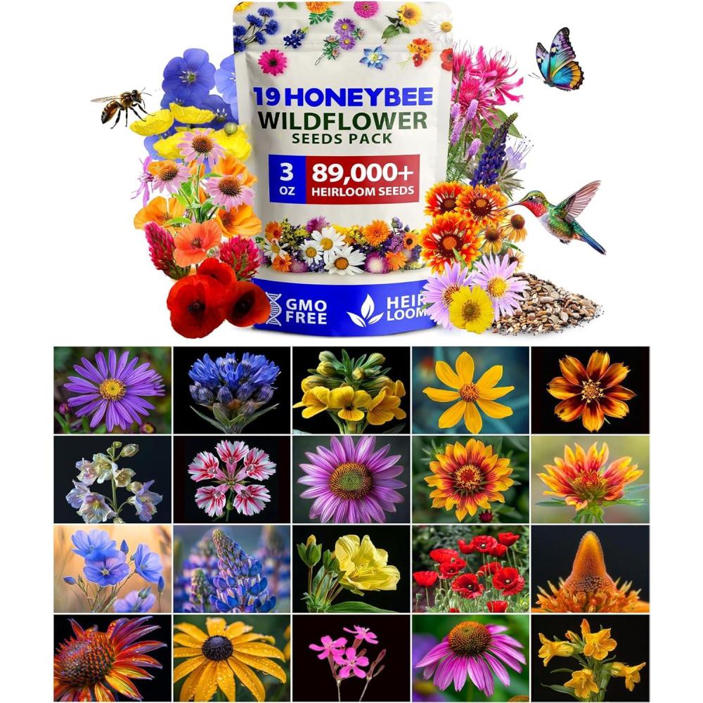imageHOME GROWN Premium Wildflower Seeds Bulk Mix 2oz  59300 Seeds with 19 Varieties for Pollinators  Wild Flower Seed for Bees Butterflies  Perennial ampamp Annual Throw and Grow Seed MixHoneybee Mix 3oz