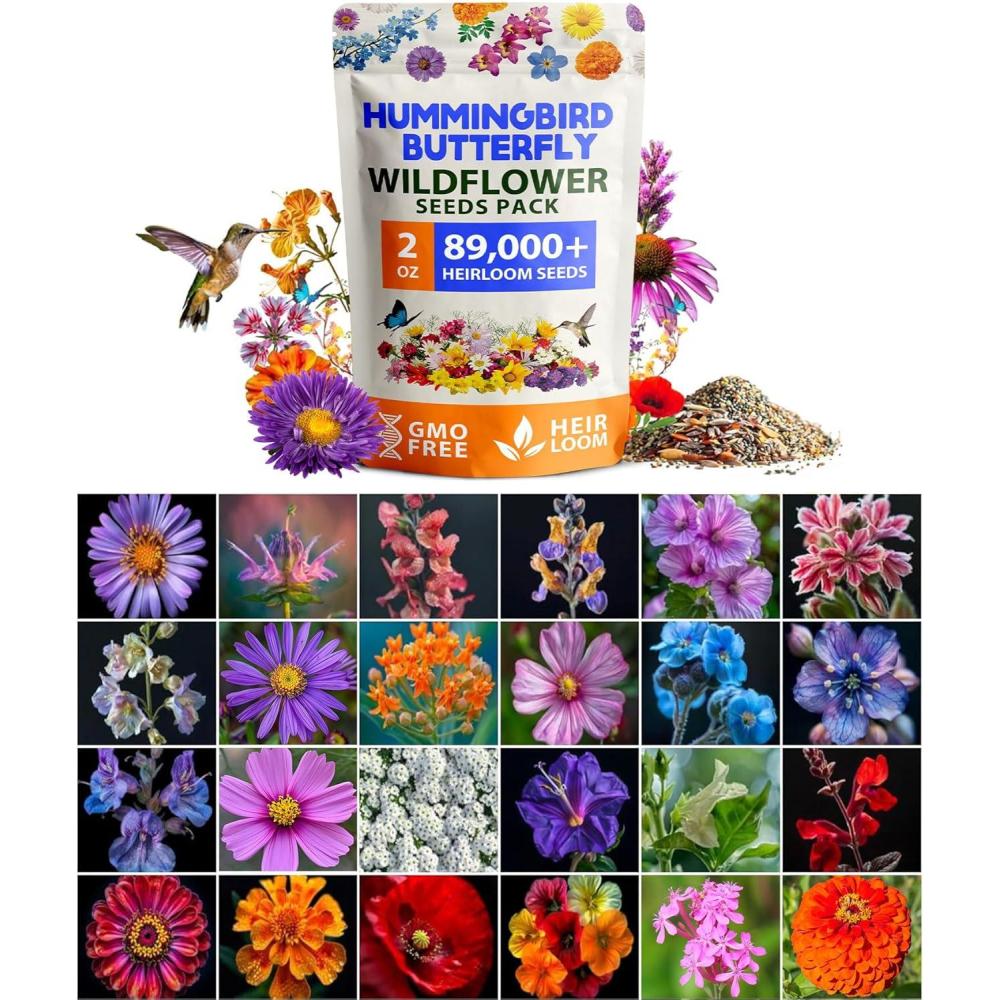 imageHOME GROWN Premium Wildflower Seeds Bulk Mix 2oz  59300 Seeds with 19 Varieties for Pollinators  Wild Flower Seed for Bees Butterflies  Perennial ampamp Annual Throw and Grow Seed MixHummingbird Lite 2oz