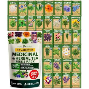 HOME GROWN Herb Seeds 32 Medicinal Herbs and Tea Variety Pack – Annual & Perennial Herb Seeds for Planting Indoors & Outdoor – Non-GMO, Heirloom Seeds, Easy to Grow, High Germination Garden Kit