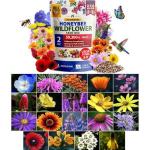 HOME GROWN Premium Wildflower Seeds Bulk Mix (2oz) – 59,300+ Seeds with 19 Varieties for Pollinators – Wild Flower Seed for Bees, Butterflies – Perennial & Annual Throw and Grow Seed Mix(Honeybee Mix (2oz))