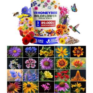 HOME GROWN Premium Wildflower Seeds Bulk Mix (2oz) – 59,300+ Seeds with 19 Varieties for Pollinators – Wild Flower Seed for Bees, Butterflies – Perennial & Annual Throw and Grow Seed Mix(Honeybee Mix (3oz))