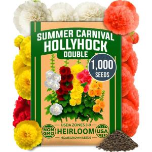 HOME GROWN Hollyhock Summer Carnival Mix Flower Seeds – Alcea Rosea, Premium Annual Flower Seeds, 1000 Seeds for Planting Flowers, High-Germination Flower Seed Bulk Pack