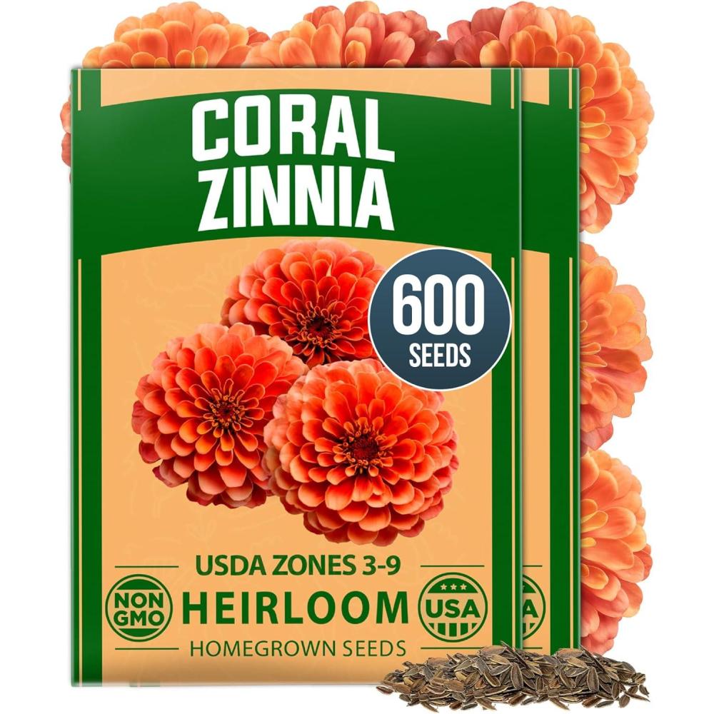 image:imageHOME GROWN Coral Zinnia Seeds 1g 600 Zinnia elegans Annual Flower Seeds for Planting Outdoors Heat Tolerant Easy Summer Flowers to Plant Herb Seed Companion for Pollinator Garden Beds for 2026Zinnia Coral 2pk