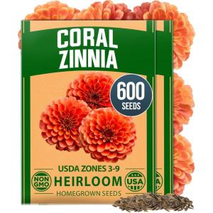 HOME GROWN Coral Zinnia Seeds (1g) – 600 Zinnia elegans Annual Flower Seeds for Planting Outdoors – Heat Tolerant Easy Summer Flowers to Plant – Herb Seed Companion for Pollinator Garden Beds for 2026(Zinnia Coral 2pk)