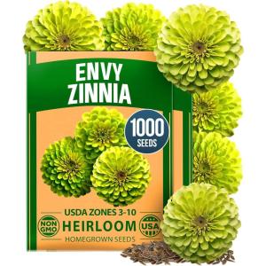 HOME GROWN Envy Zinnia Seeds (1g) – 1000 Rare Lime Green Annual Zinnia Flower Seeds for Planting, Fast-Growing Heat-Loving Variety, Premium Herb Seeds Garden Companion for 2026 Blooms (Zinnia elegans)(Zinnia Envy 2pk)
