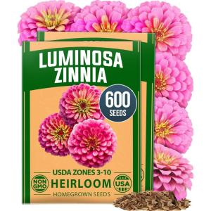 HOME GROWN Pink Zinnia Seeds – 600 Luminosa Zinnias 0.5g, Easy to Grow Annual Flower Seeds for Planting Outdoors for 2026, Fast Blooming, Heat Tolerant Herb Seed Garden Companion (Zinnia elegans)(Zinnia Luminosa 2pk)
