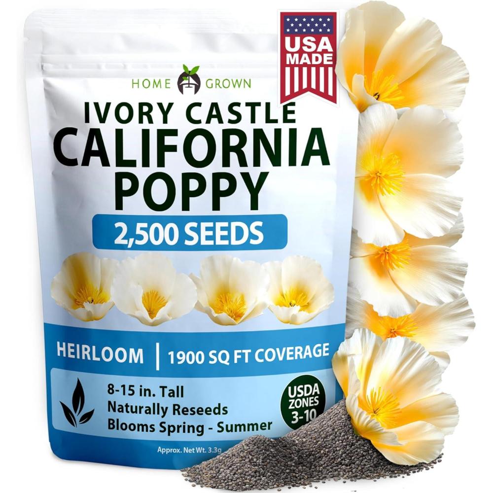 image:imageHOME GROWN California Poppy Ivory Castle 2500 Seeds 33g 2026 Spring Flower Seeds for Planting Outdoors California Poppies Bulk Perennial Self Seeding Flower Seeds Eschscholzia CalifornicaPoppy Ivory Castle  Medium