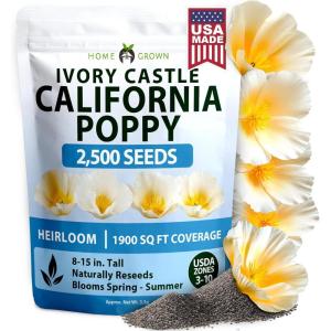 HOME GROWN California Poppy Ivory Castle 2500 Seeds 3.3g 2026 Spring Flower Seeds for Planting Outdoors, California Poppies, Bulk Perennial Self Seeding Flower Seeds (Eschscholzia Californica)(Poppy Ivory Castle – Medium)